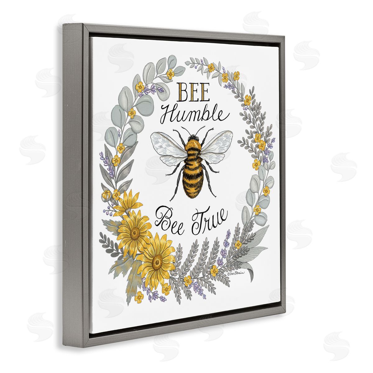 Deb Strain Bee Humble & True Encouraging Insect Floral Border Gray Floating Frame Canvas Wall Art Print