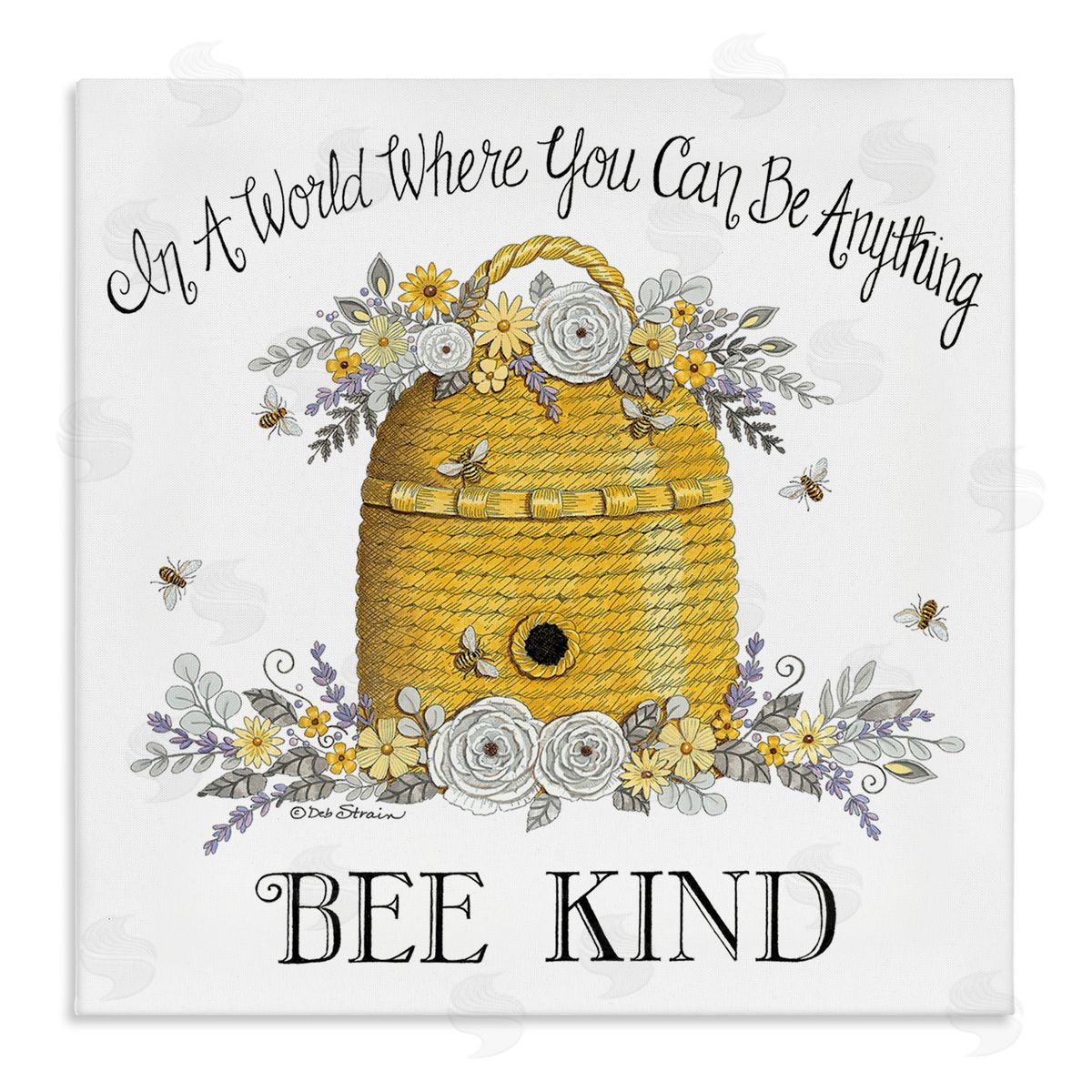 Deb Strain Bee Kind Encouraging Phrase Floral Decorated Hive Stretched Canvas Wall Art Print