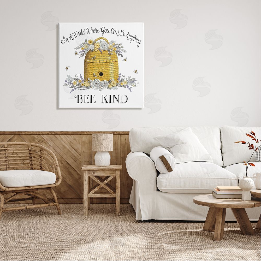 Deb Strain Bee Kind Encouraging Phrase Floral Decorated Hive Canvas Wall Art in Room