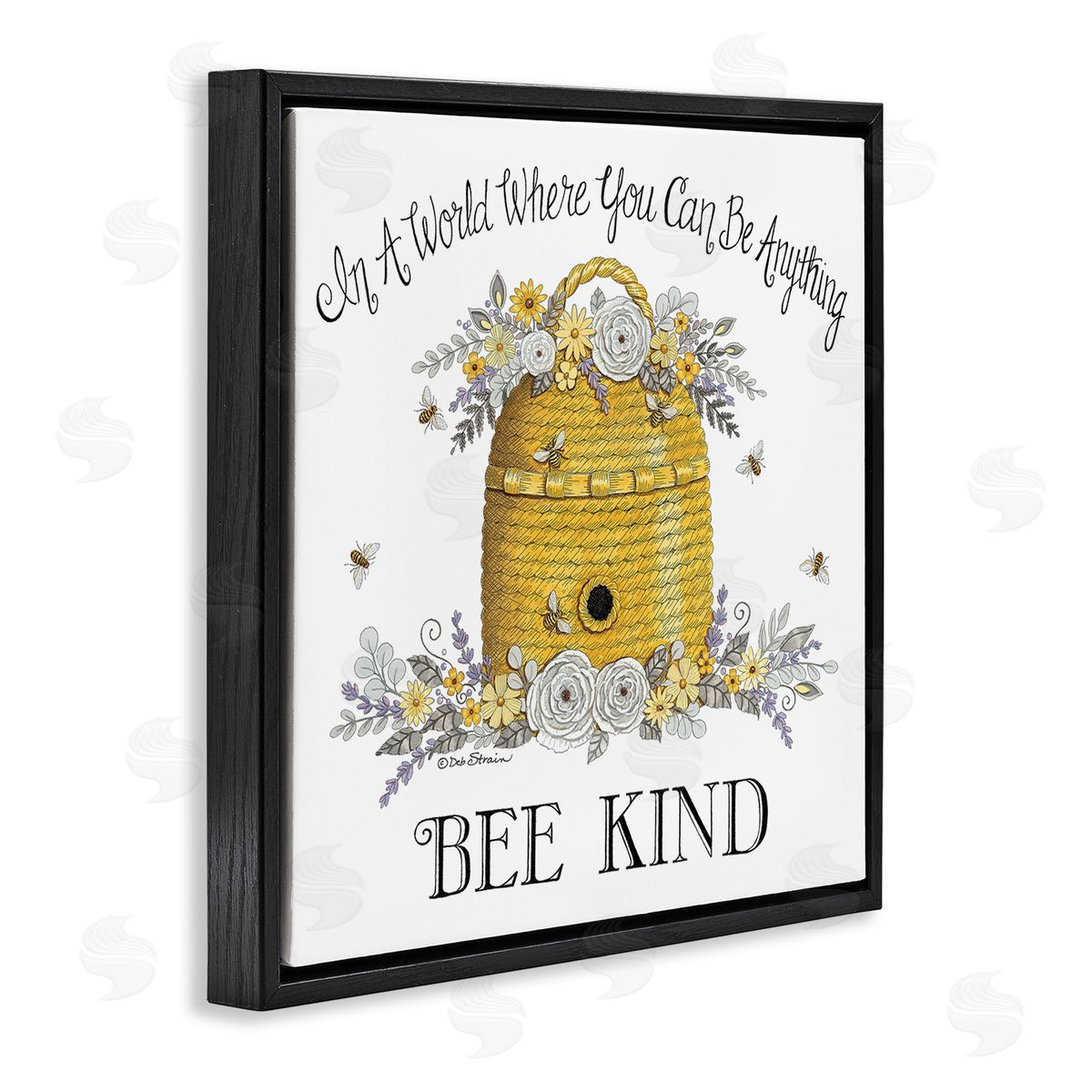 Deb Strain Bee Kind Encouraging Phrase Floral Decorated Hive Black Floating Frame Canvas Wall Art Print
