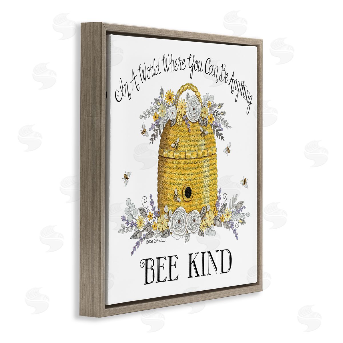 Deb Strain Bee Kind Encouraging Phrase Floral Decorated Hive Brown Floating Frame Canvas Wall Art Print
