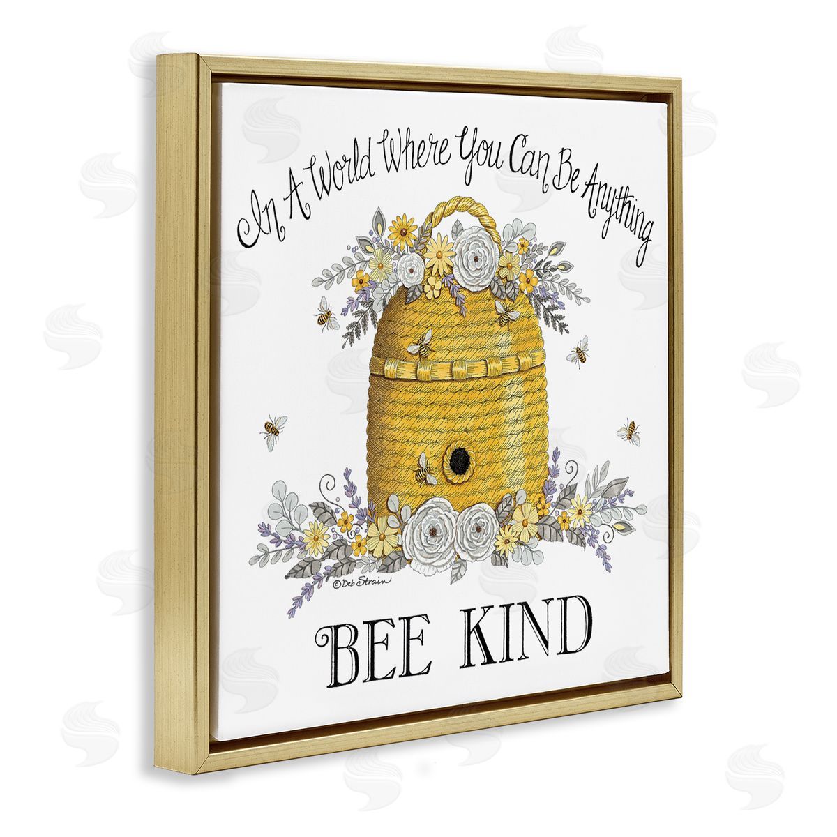Deb Strain Bee Kind Encouraging Phrase Floral Decorated Hive Gold Floating Frame Canvas Wall Art Print