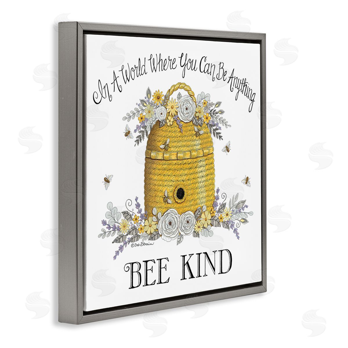 Deb Strain Bee Kind Encouraging Phrase Floral Decorated Hive Gray Floating Frame Canvas Wall Art Print