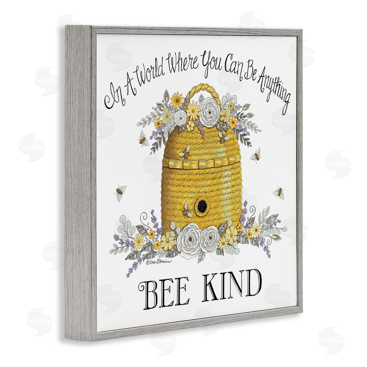 Deb Strain Bee Kind Encouraging Phrase Floral Decorated Hive Gray Framed Glicee Wall Art Print
