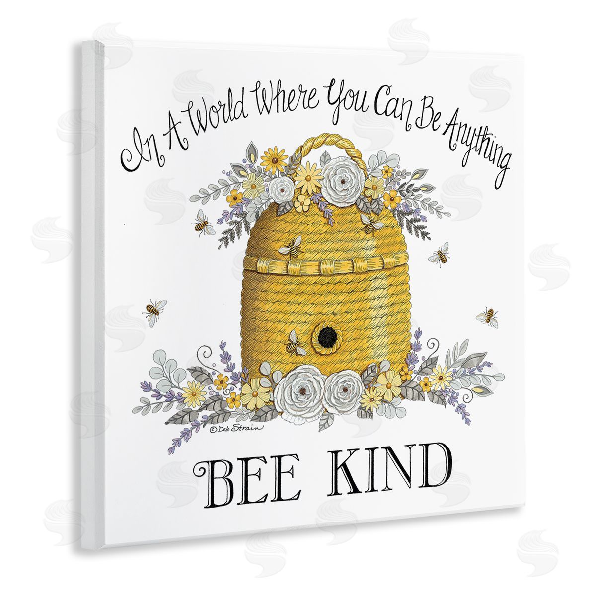Deb Strain Bee Kind Encouraging Phrase Floral Decorated Hive Wooden Wall Plaque Art Print