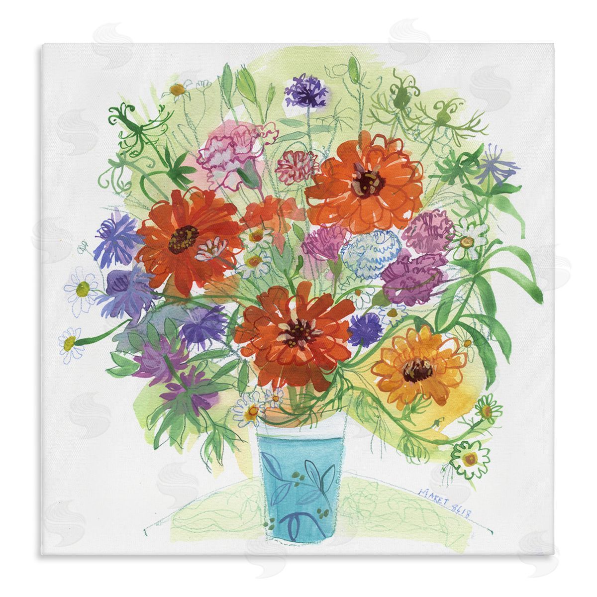 Maret Hensick Assorted Daisies Arrangement Layered Botanical Leaves  Stretched Canvas Wall Art Print