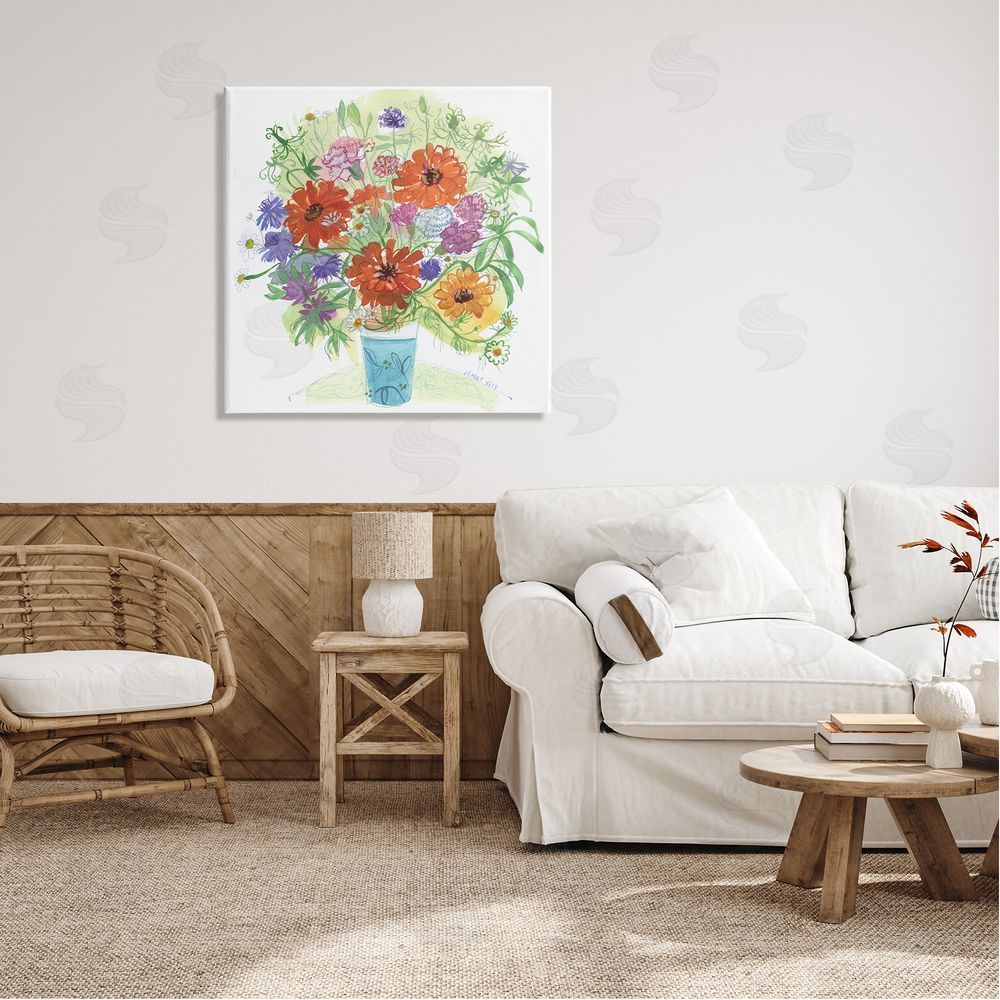 Maret Hensick Assorted Daisies Arrangement Layered Botanical Leaves  Canvas Wall Art in Room