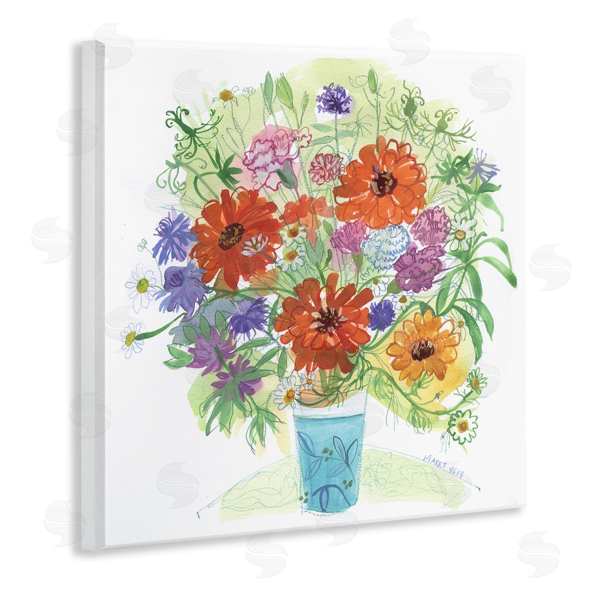 Maret Hensick Assorted Daisies Arrangement Layered Botanical Leaves  Wooden Wall Plaque Art Print