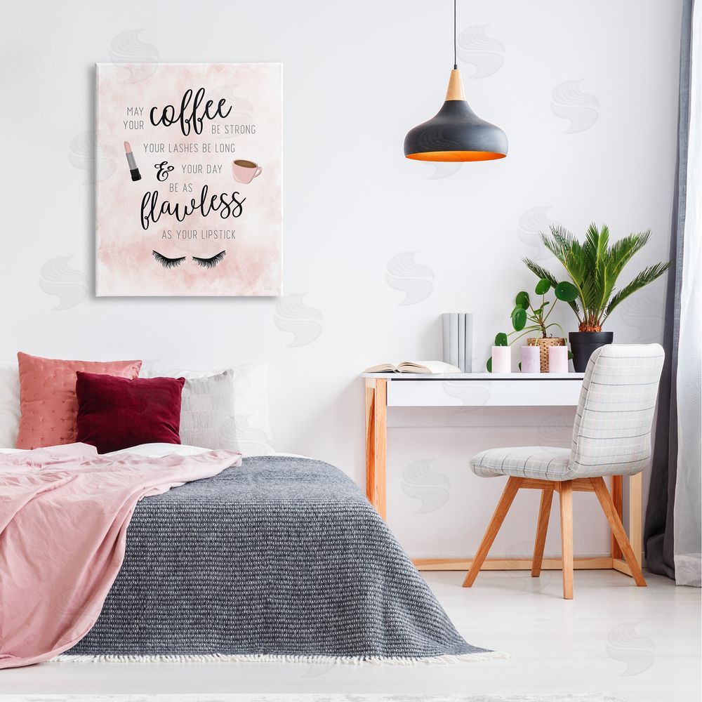 Natalie Carpentieri Inspirational Flawless Phrase Glam Lashes Coffee Calligraphy Canvas Wall Art Print in Room