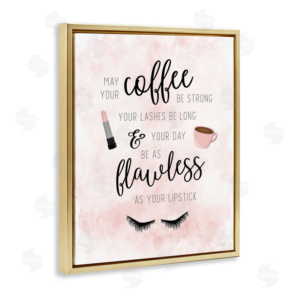 Natalie Carpentieri Inspirational Flawless Phrase Glam Lashes Coffee Calligraphy Gold Floating Frame Canvas Wall Art Print