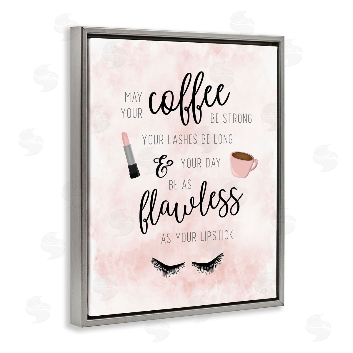 Natalie Carpentieri Inspirational Flawless Phrase Glam Lashes Coffee Calligraphy Gray Floating Frame Canvas Wall Art Print