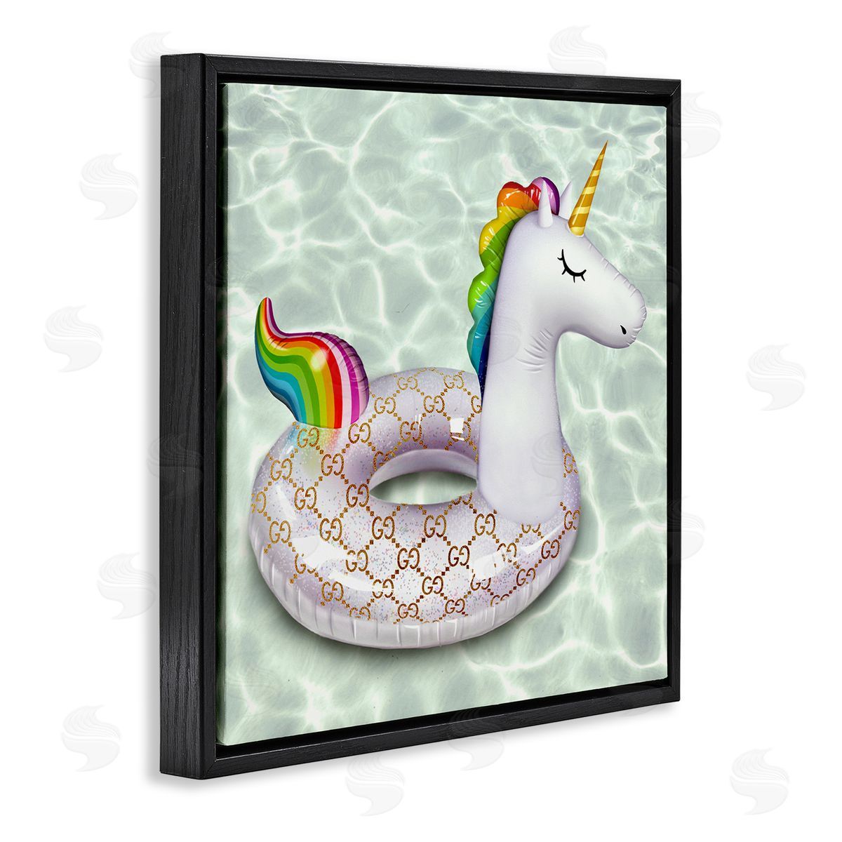 Ziwei Li Unicorn Pool Float Trendy Fashion Emblem Pattern Black Floating Frame Canvas Wall Art Print