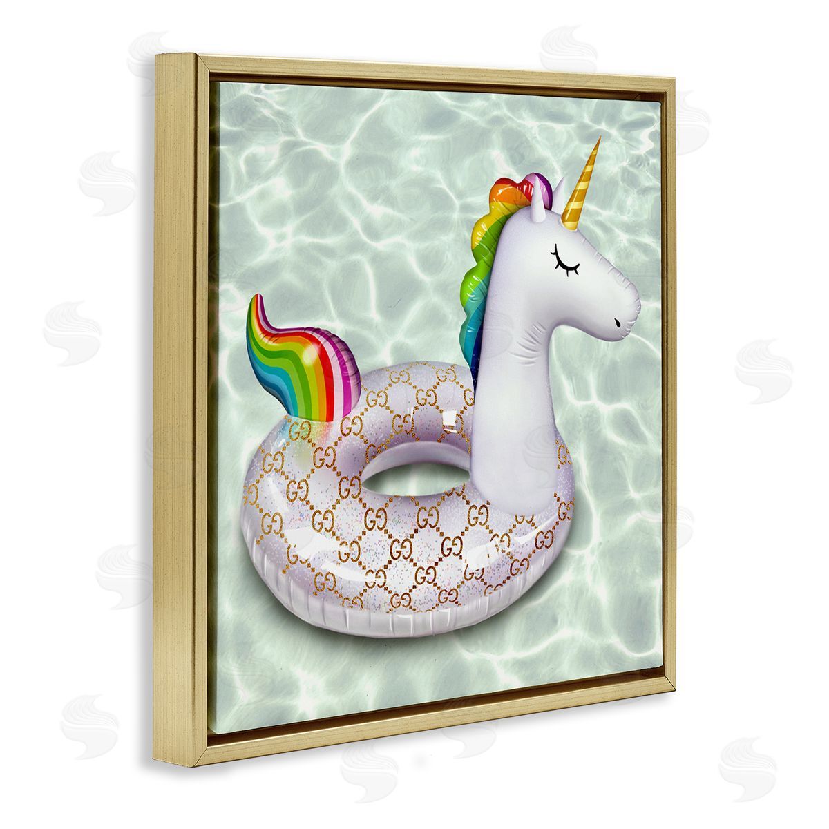 Ziwei Li Unicorn Pool Float Trendy Fashion Emblem Pattern Gold Floating Frame Canvas Wall Art Print