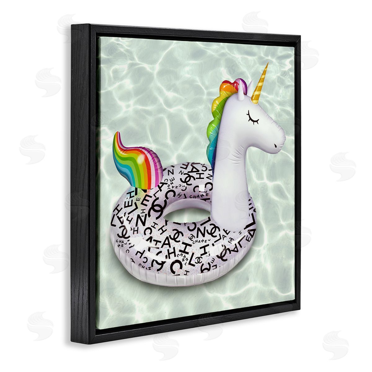 Ziwei Li Trendy Unicorn Pool Ring Patterned Upscale Glam  Black Floating Frame Canvas Wall Art Print