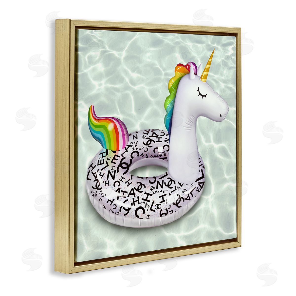 Ziwei Li Trendy Unicorn Pool Ring Patterned Upscale Glam  Gold Floating Frame Canvas Wall Art Print