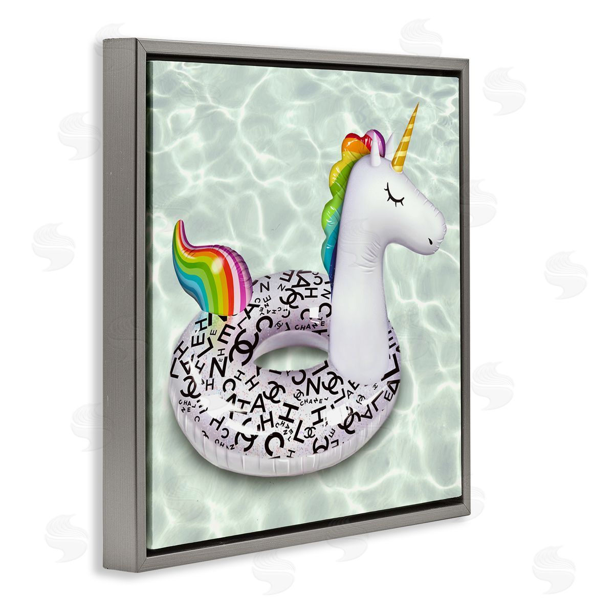 Ziwei Li Trendy Unicorn Pool Ring Patterned Upscale Glam  Gray Floating Frame Canvas Wall Art Print