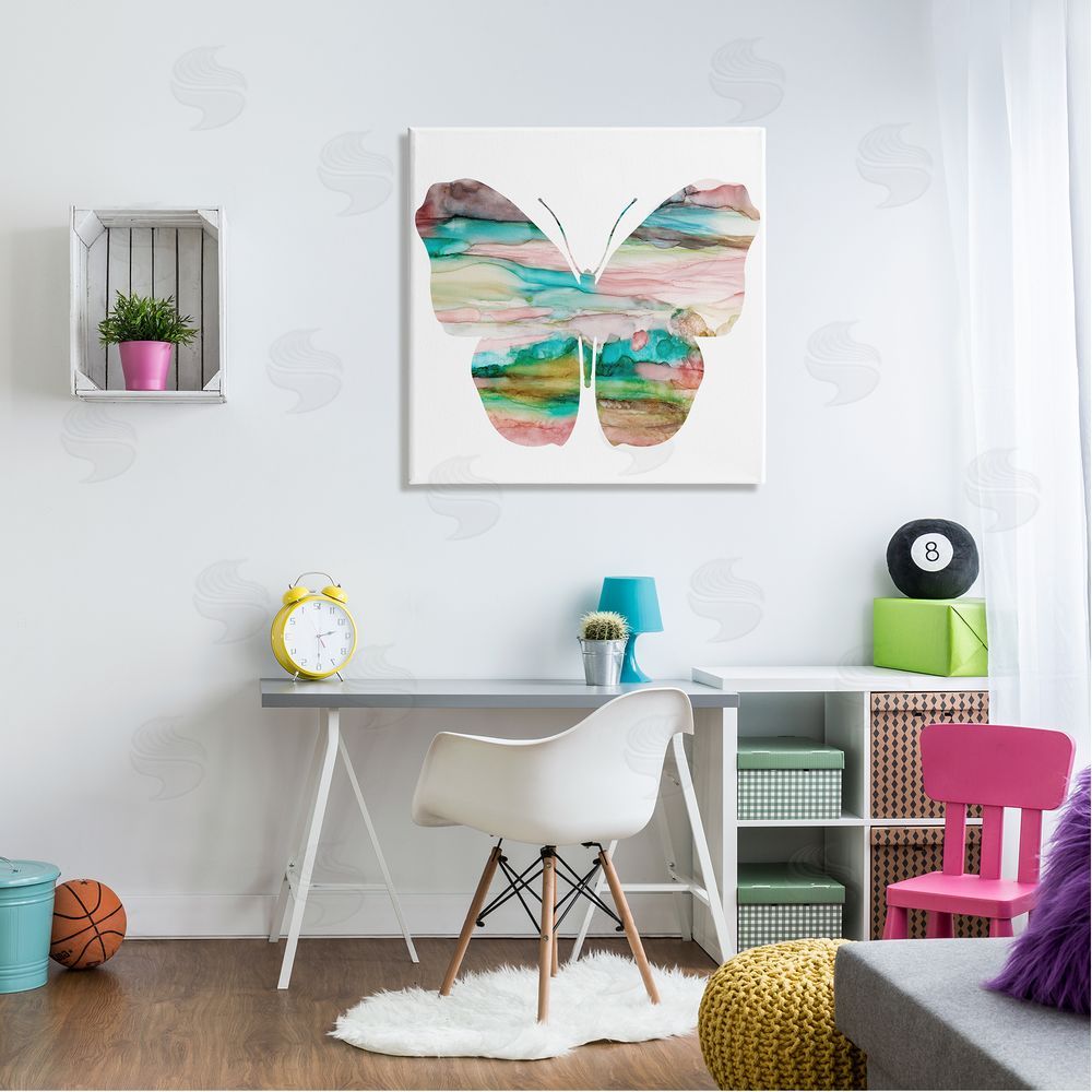 Natalie Carpentieri Layered Watercolor Stripes Butterfly Shape Silhouette Canvas Wall Art in Room
