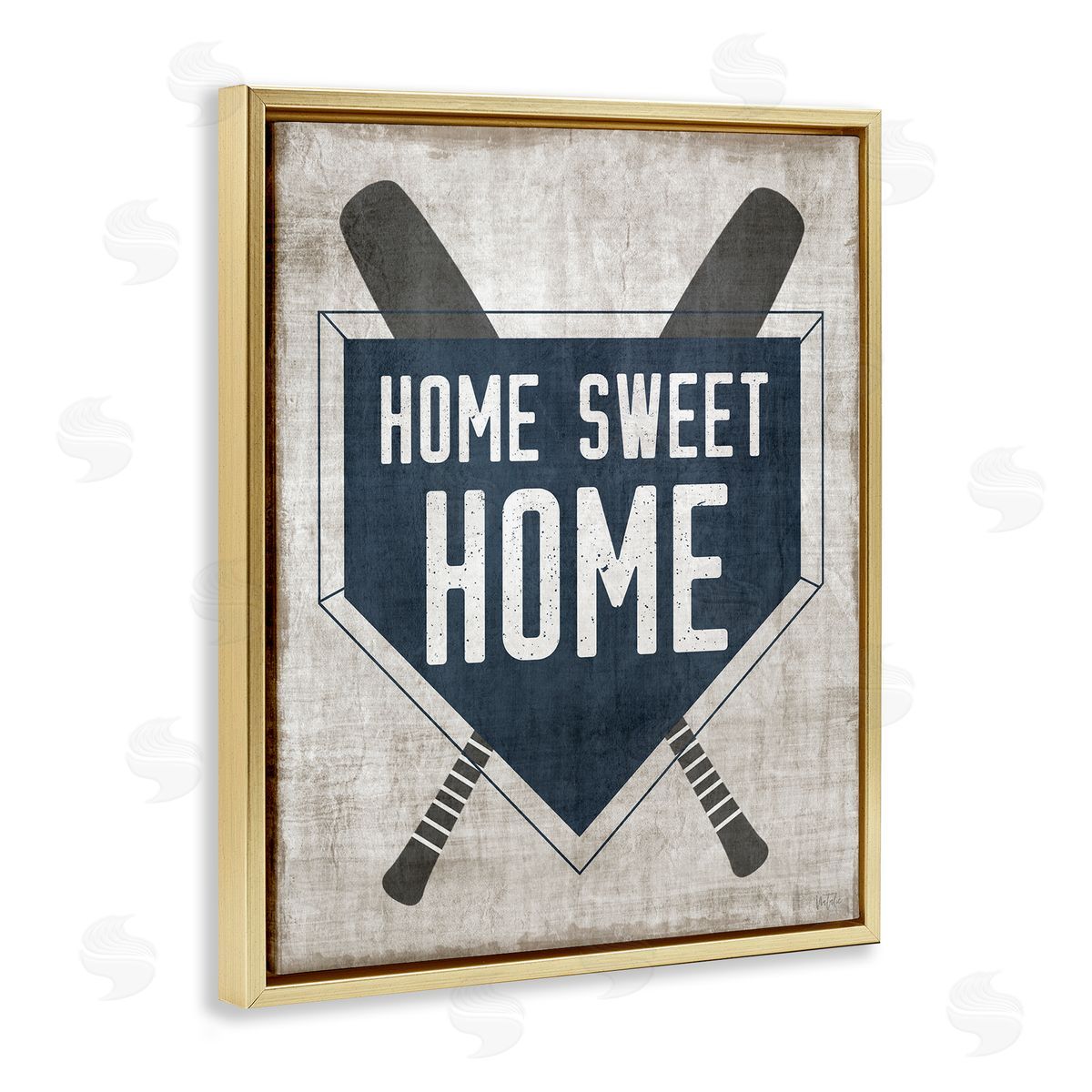 Natalie Carpentieri Rustic Sweet Home Baseball Bats & Base Plate Gold Floating Frame Canvas Wall Art Print