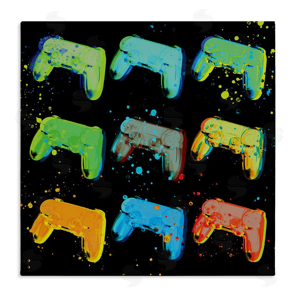 Stupell Studio Neon Pop Style Gaming Controllers Paint Splatter  Stretched Canvas Wall Art Print