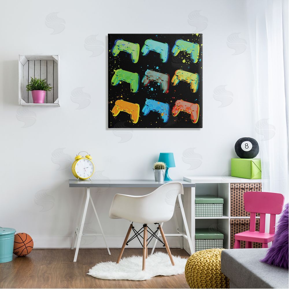 Stupell Studio Neon Pop Style Gaming Controllers Paint Splatter  Canvas Wall Art in Room