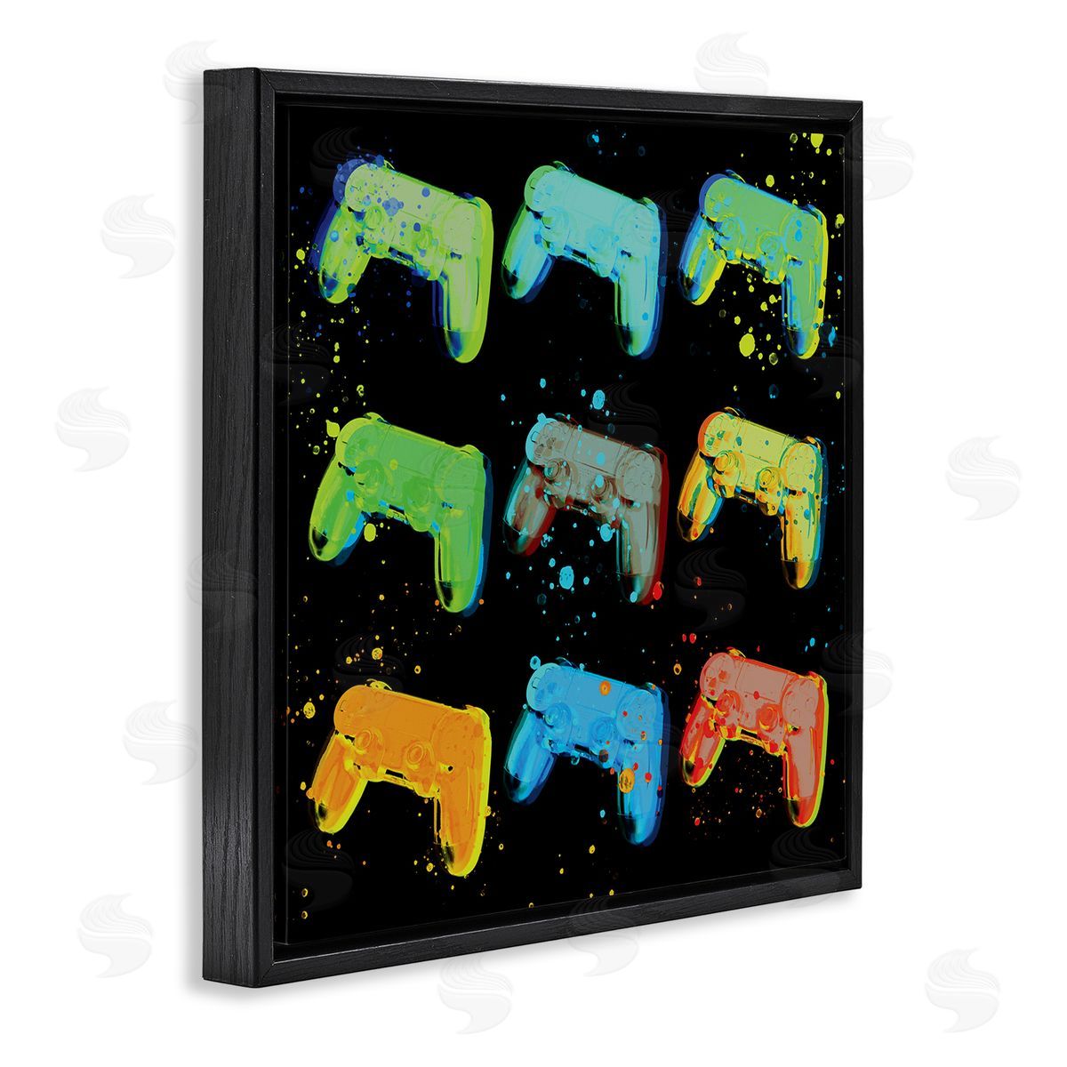 Stupell Studio Neon Pop Style Gaming Controllers Paint Splatter  Black Floating Frame Canvas Wall Art Print