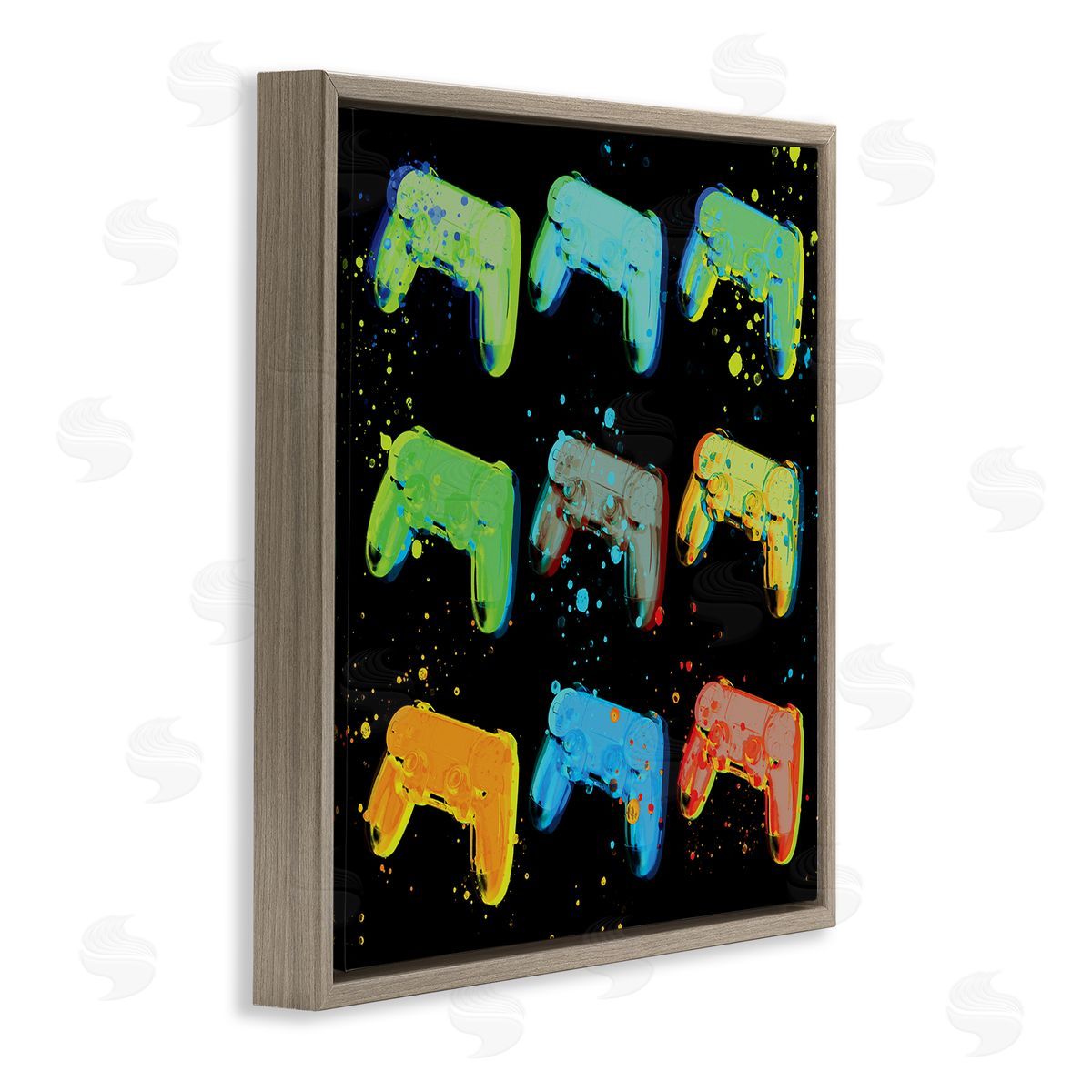Stupell Studio Neon Pop Style Gaming Controllers Paint Splatter  Brown Floating Frame Canvas Wall Art Print