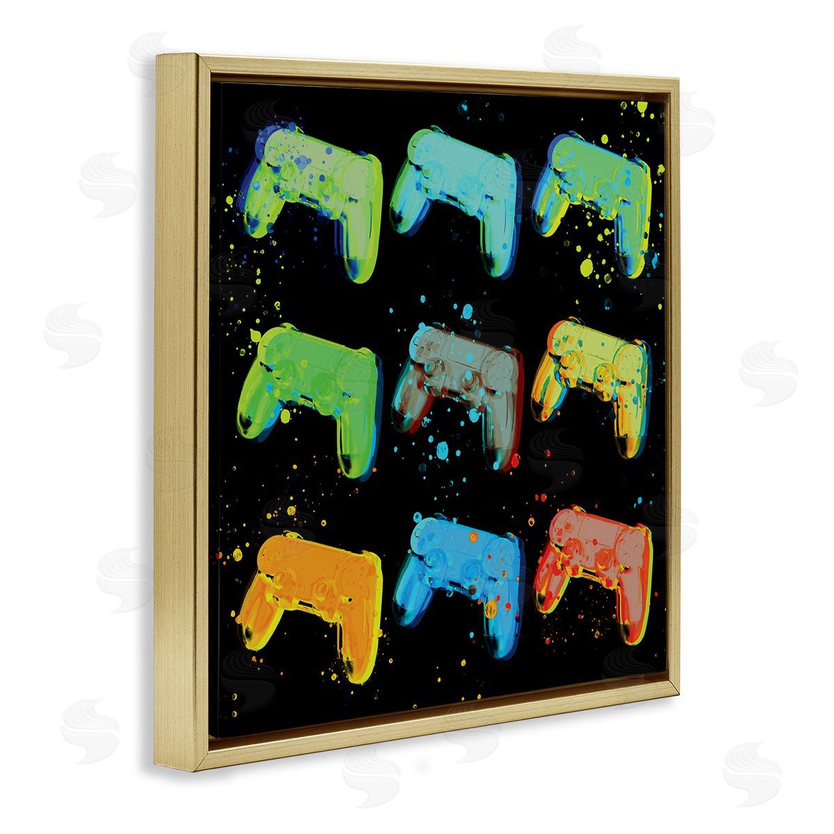 Stupell Studio Neon Pop Style Gaming Controllers Paint Splatter  Gold Floating Frame Canvas Wall Art Print