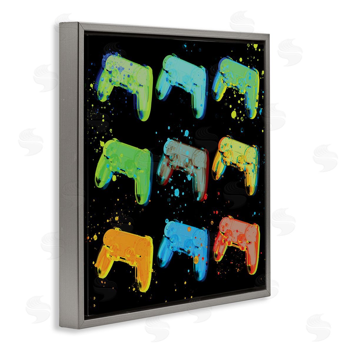 Stupell Studio Neon Pop Style Gaming Controllers Paint Splatter  Gray Floating Frame Canvas Wall Art Print