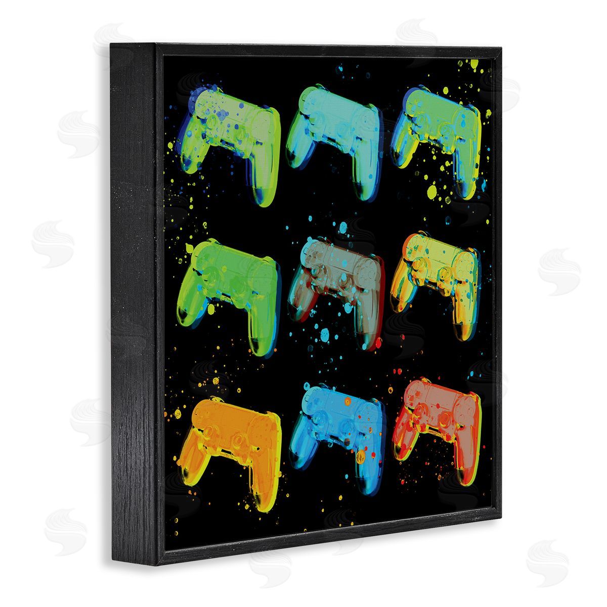 Stupell Studio Neon Pop Style Gaming Controllers Paint Splatter  Black Framed Glicee Wall Art Print