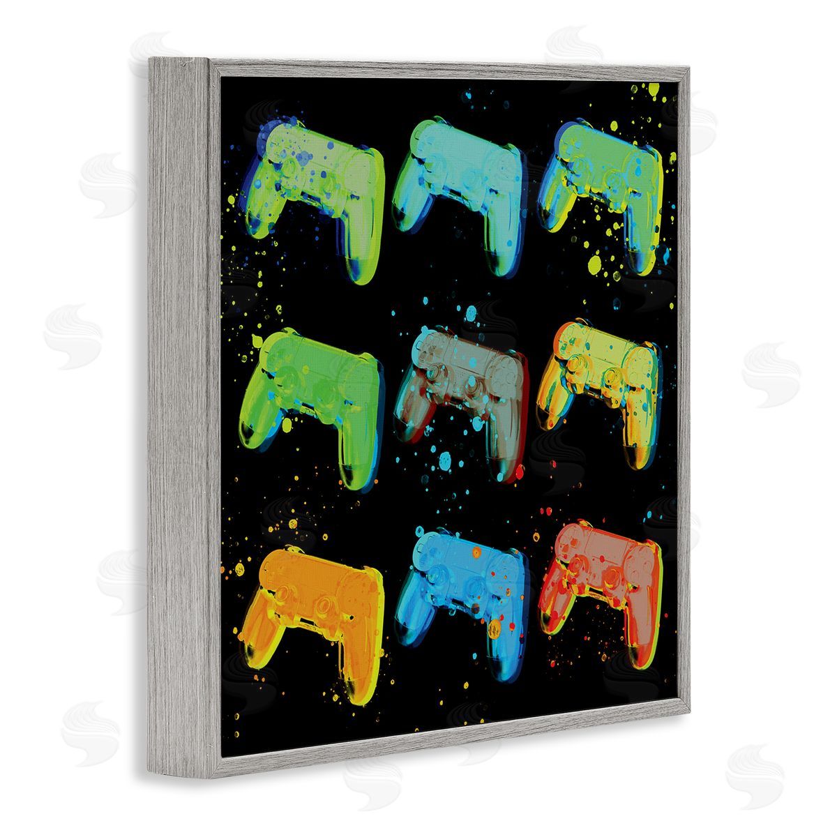 Stupell Studio Neon Pop Style Gaming Controllers Paint Splatter  Gray Framed Glicee Wall Art Print