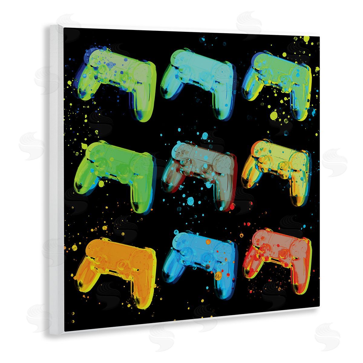 Stupell Studio Neon Pop Style Gaming Controllers Paint Splatter  Wooden Wall Plaque Art Print