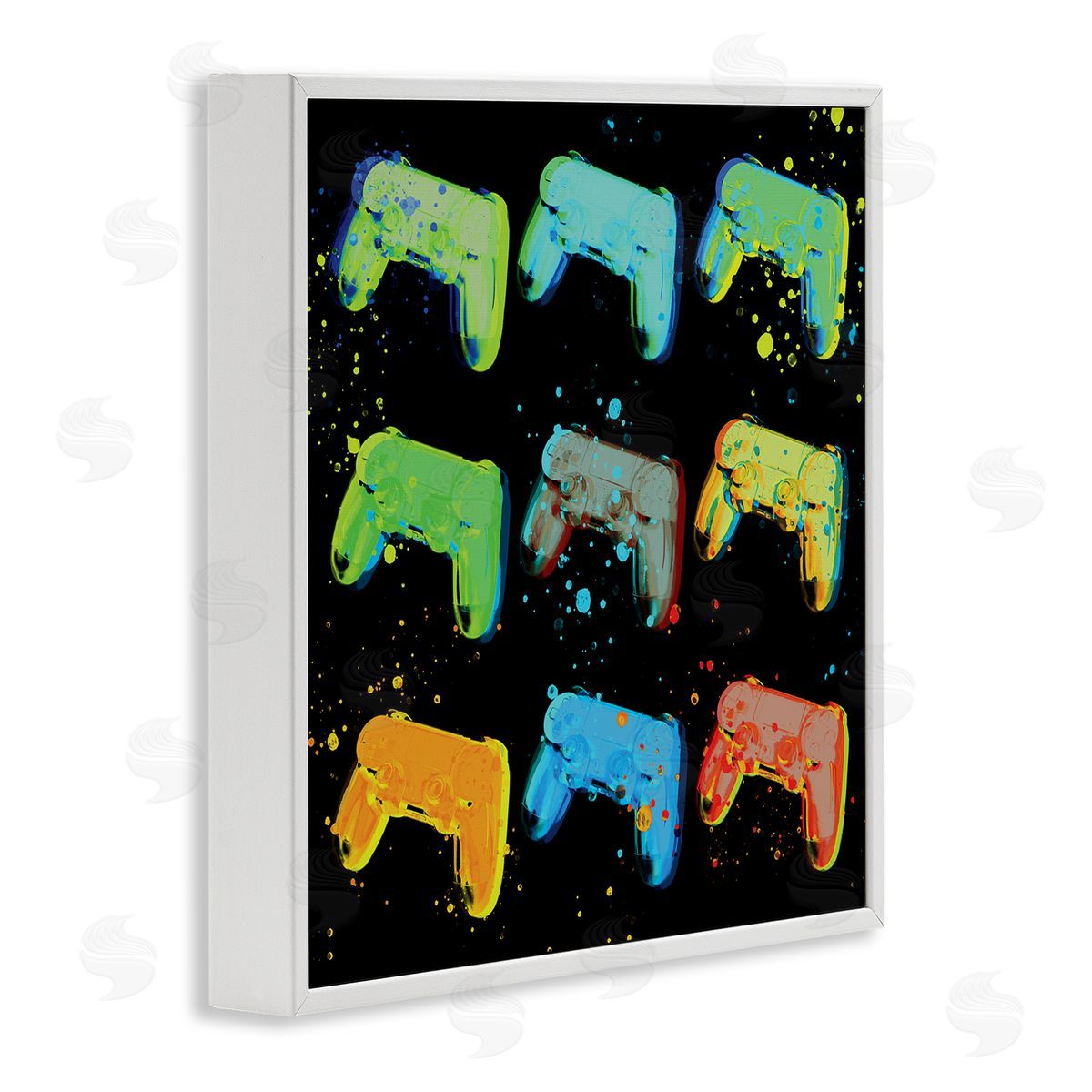 Stupell Studio Neon Pop Style Gaming Controllers Paint Splatter  White Framed Glicee Wall Art Print