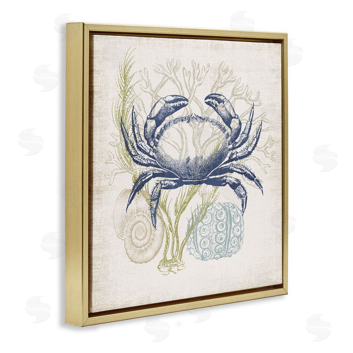 Victoria Barnes Layered Sea Life Crab Marine Botanical Patterns Gold Floating Frame Canvas Wall Art Print
