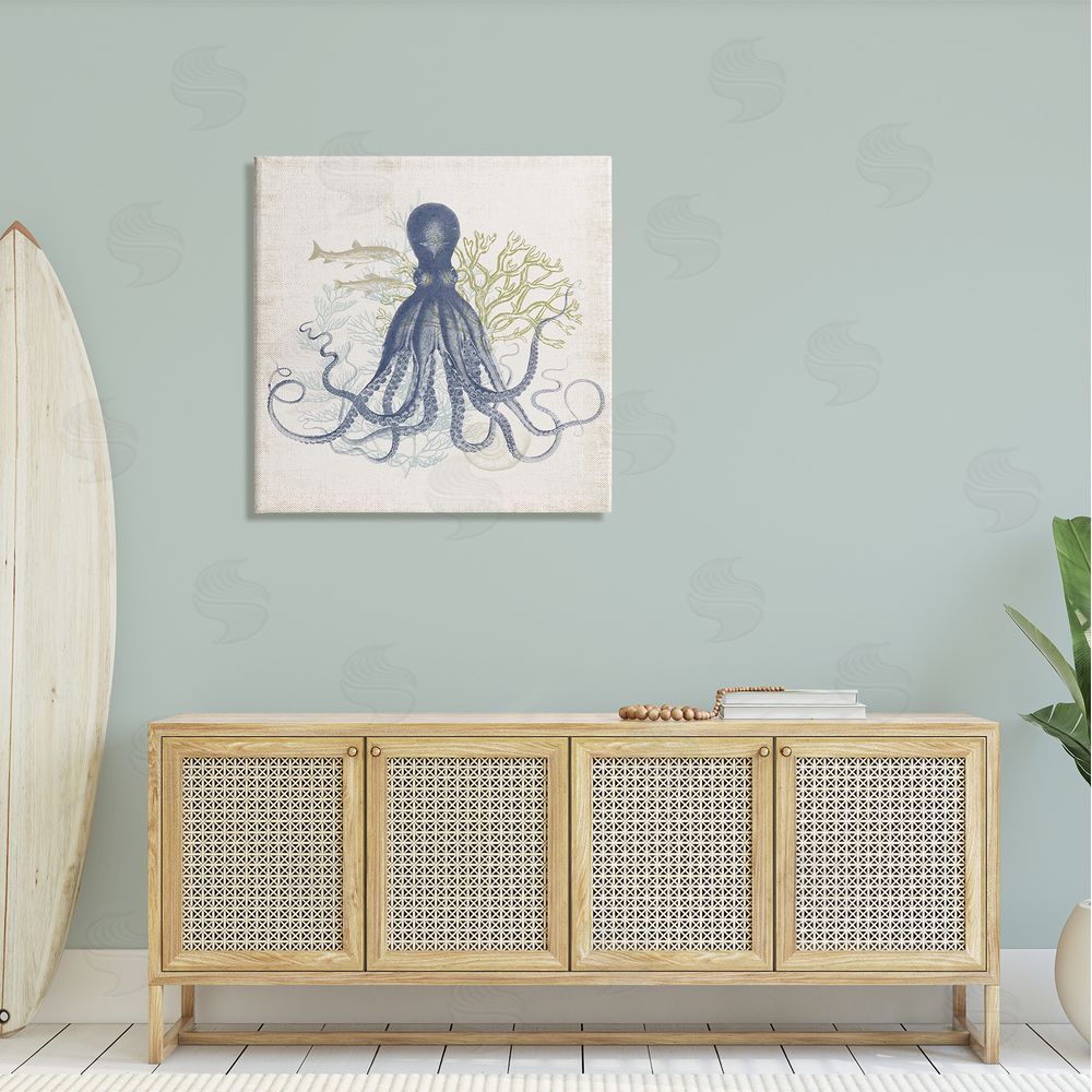 Victoria Barnes Octopus Tentacles Layered Fish & Ocean Botanicals Canvas Wall Art in Room