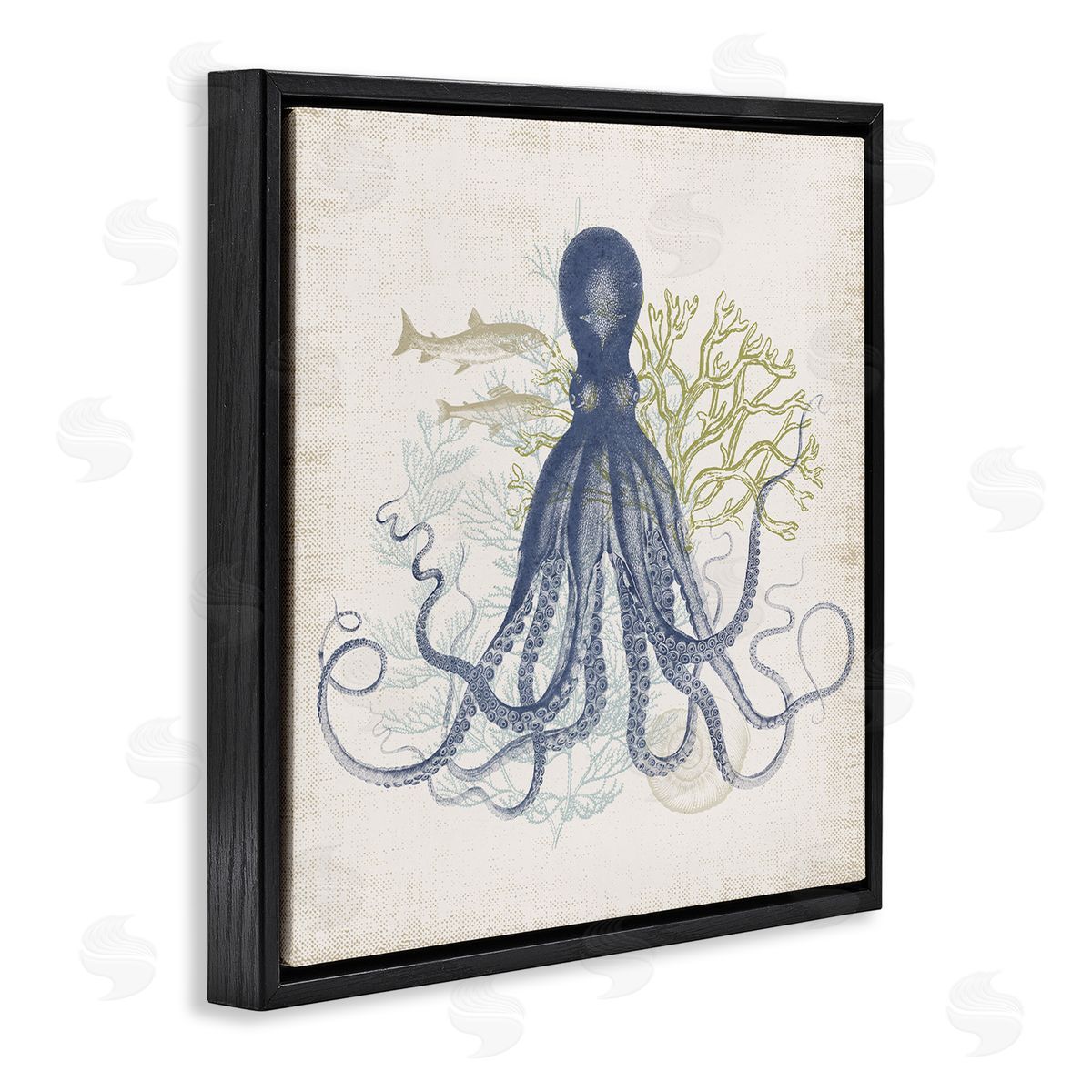 Victoria Barnes Octopus Tentacles Layered Fish & Ocean Botanicals Black Floating Frame Canvas Wall Art Print