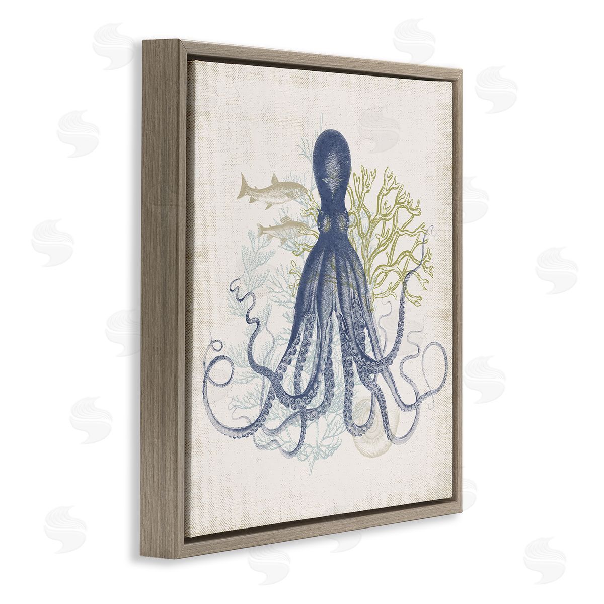 Victoria Barnes Octopus Tentacles Layered Fish & Ocean Botanicals Brown Floating Frame Canvas Wall Art Print