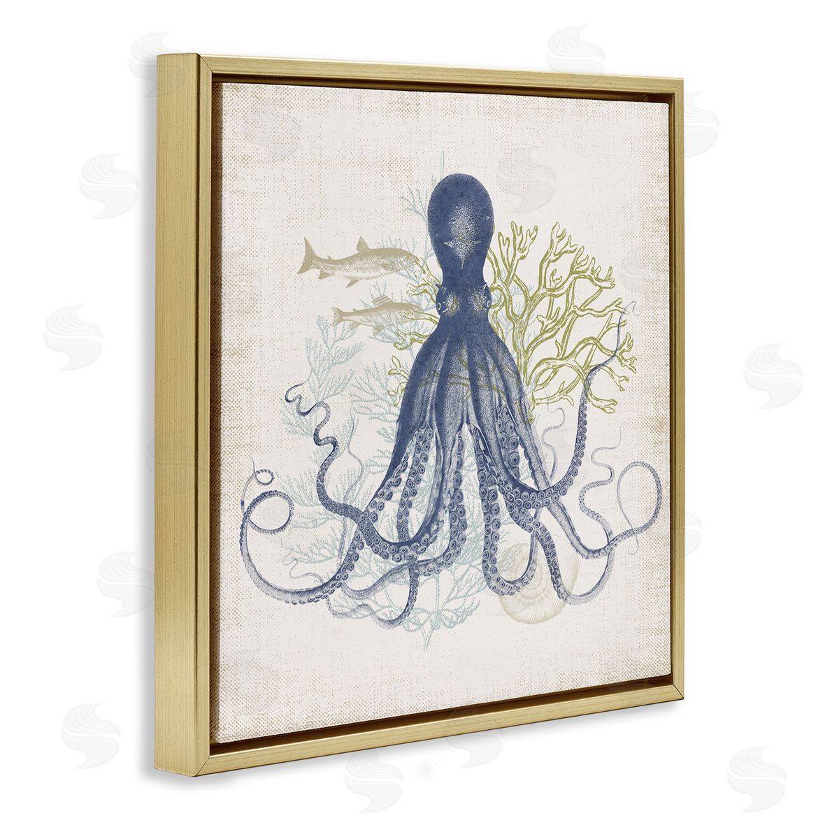 Victoria Barnes Octopus Tentacles Layered Fish & Ocean Botanicals Gold Floating Frame Canvas Wall Art Print
