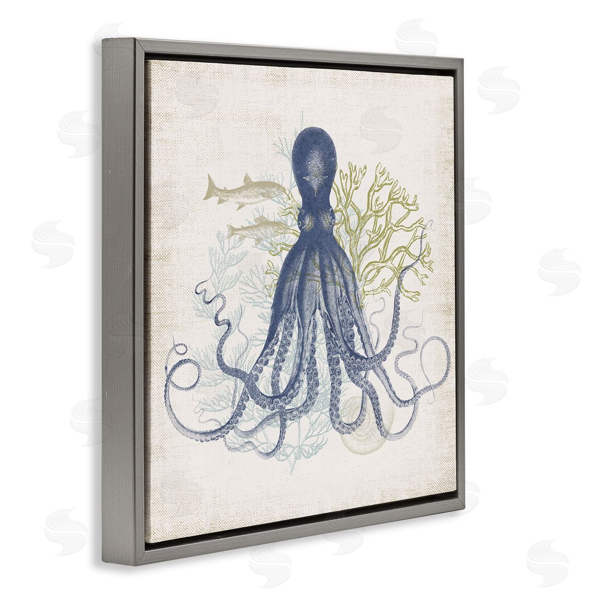 Victoria Barnes Octopus Tentacles Layered Fish & Ocean Botanicals Gray Floating Frame Canvas Wall Art Print