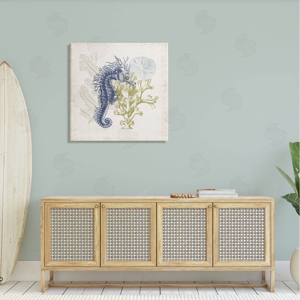 Victoria Barnes Intricate Seahorse Overlay Sand Dollar Coral Botanicals Canvas Wall Art in Room