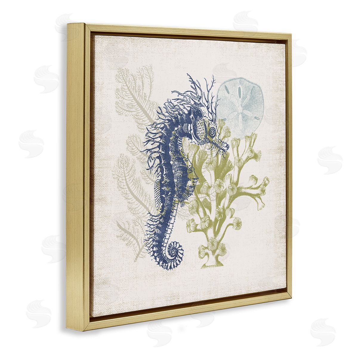 Victoria Barnes Intricate Seahorse Overlay Sand Dollar Coral Botanicals Gold Floating Frame Canvas Wall Art Print
