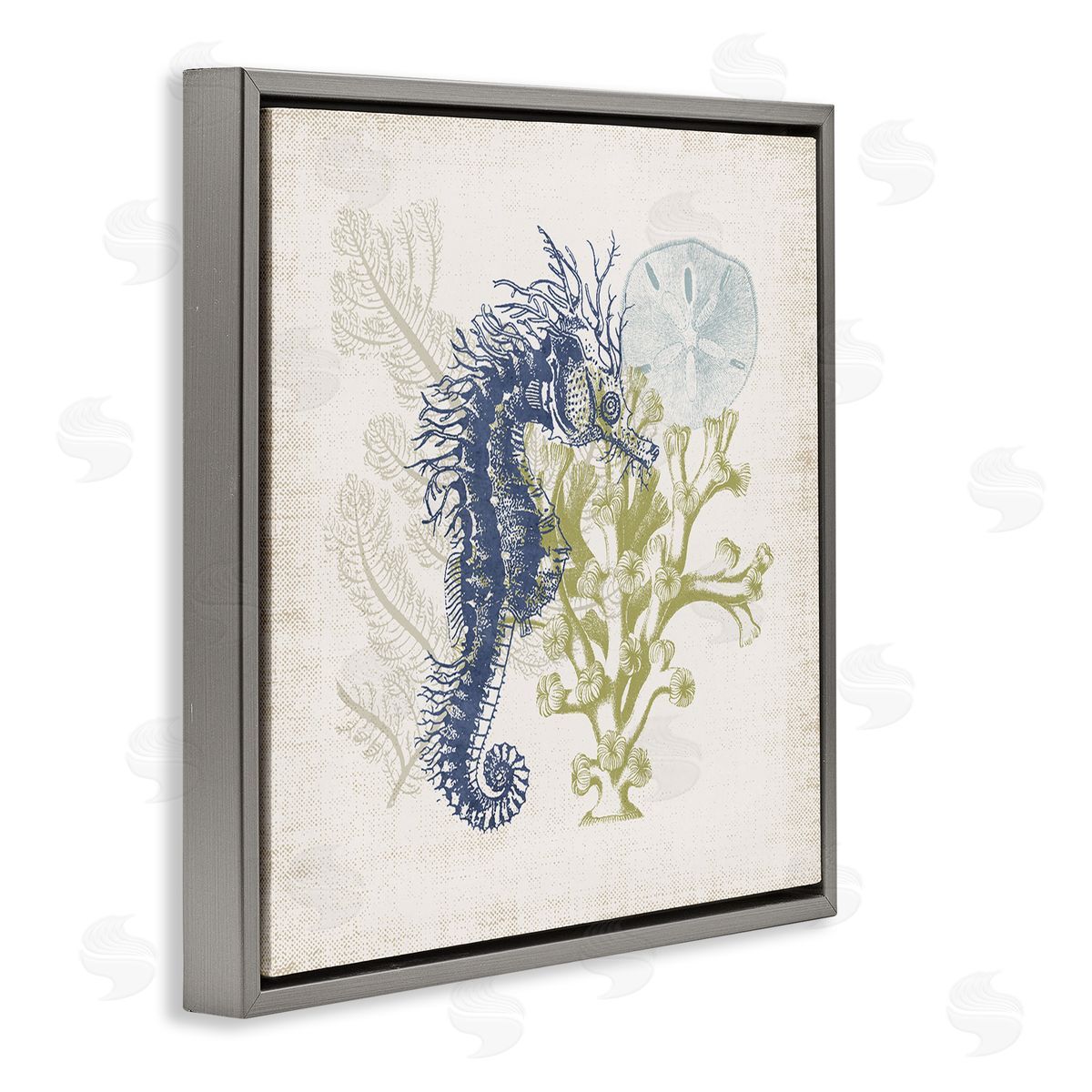 Victoria Barnes Intricate Seahorse Overlay Sand Dollar Coral Botanicals Gray Floating Frame Canvas Wall Art Print