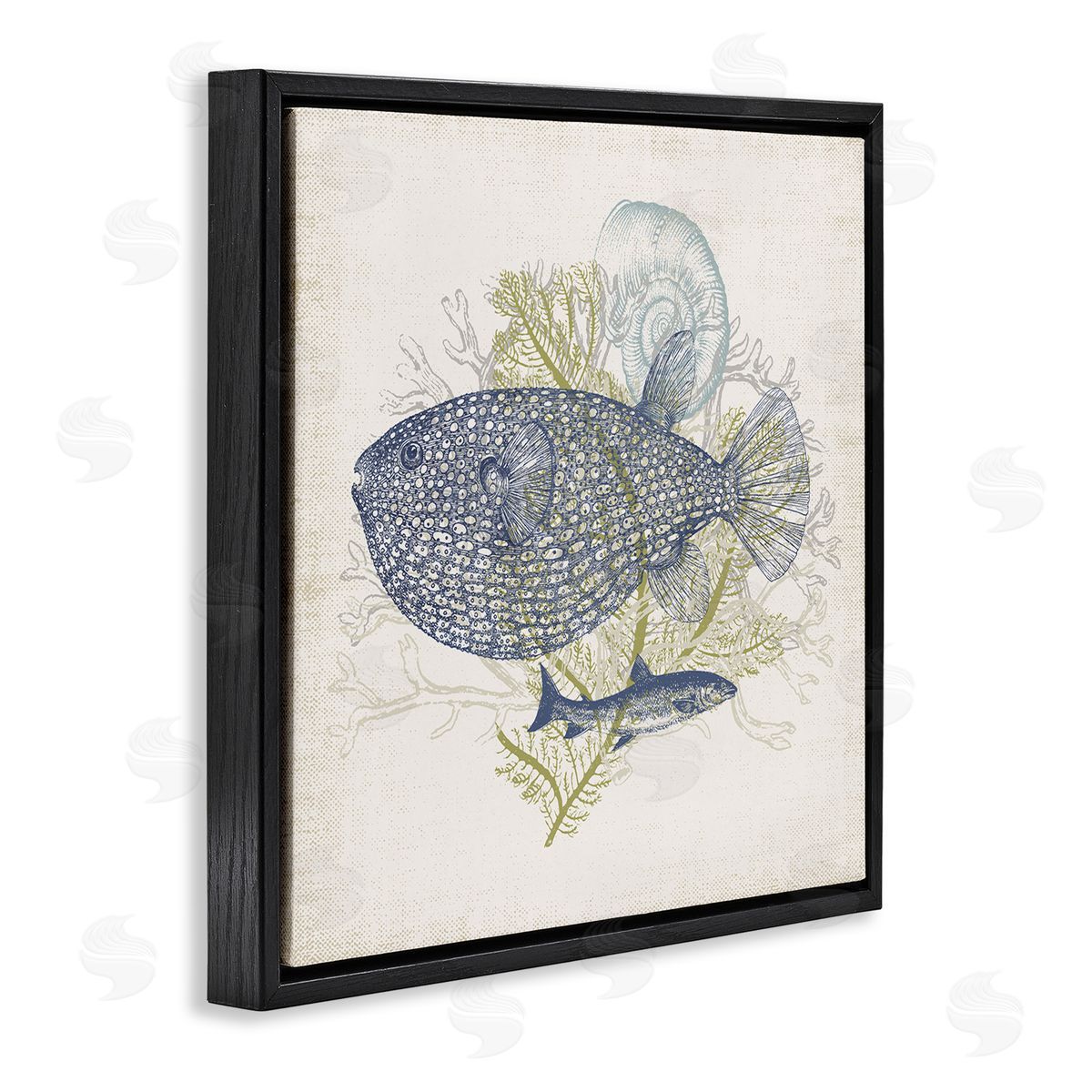 Victoria Barnes Aquatic Sea Life Rustic Seashell Layered Fish Black Floating Frame Canvas Wall Art Print