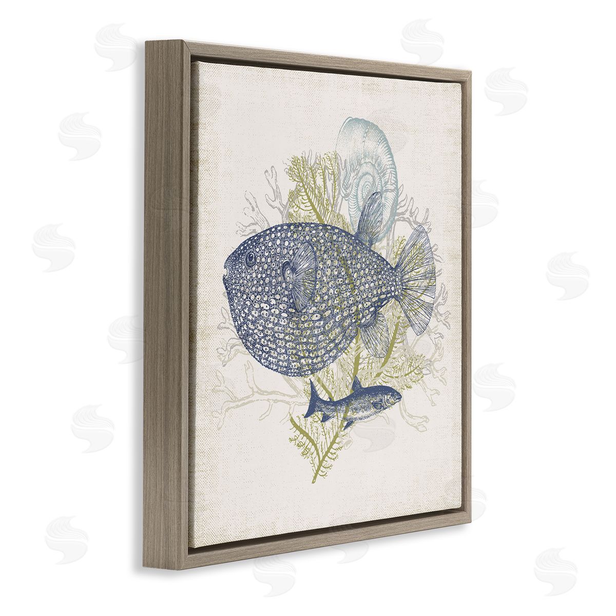 Victoria Barnes Aquatic Sea Life Rustic Seashell Layered Fish Brown Floating Frame Canvas Wall Art Print