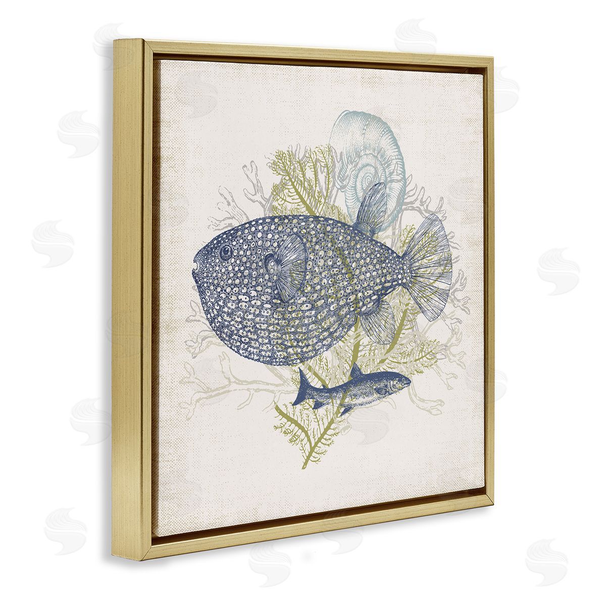 Victoria Barnes Aquatic Sea Life Rustic Seashell Layered Fish Gold Floating Frame Canvas Wall Art Print