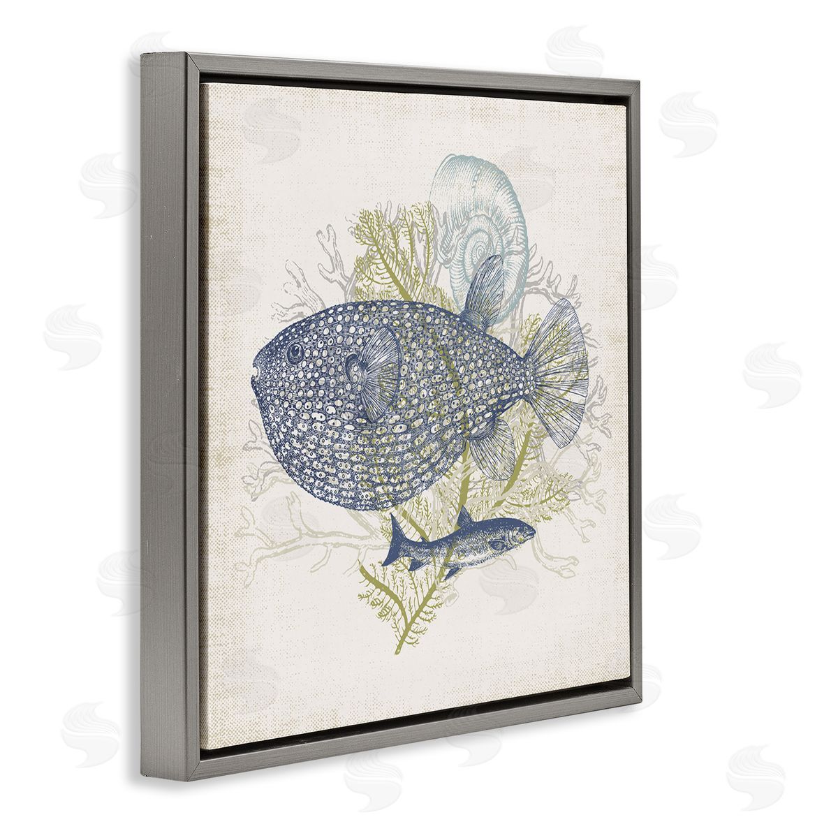 Victoria Barnes Aquatic Sea Life Rustic Seashell Layered Fish Gray Floating Frame Canvas Wall Art Print
