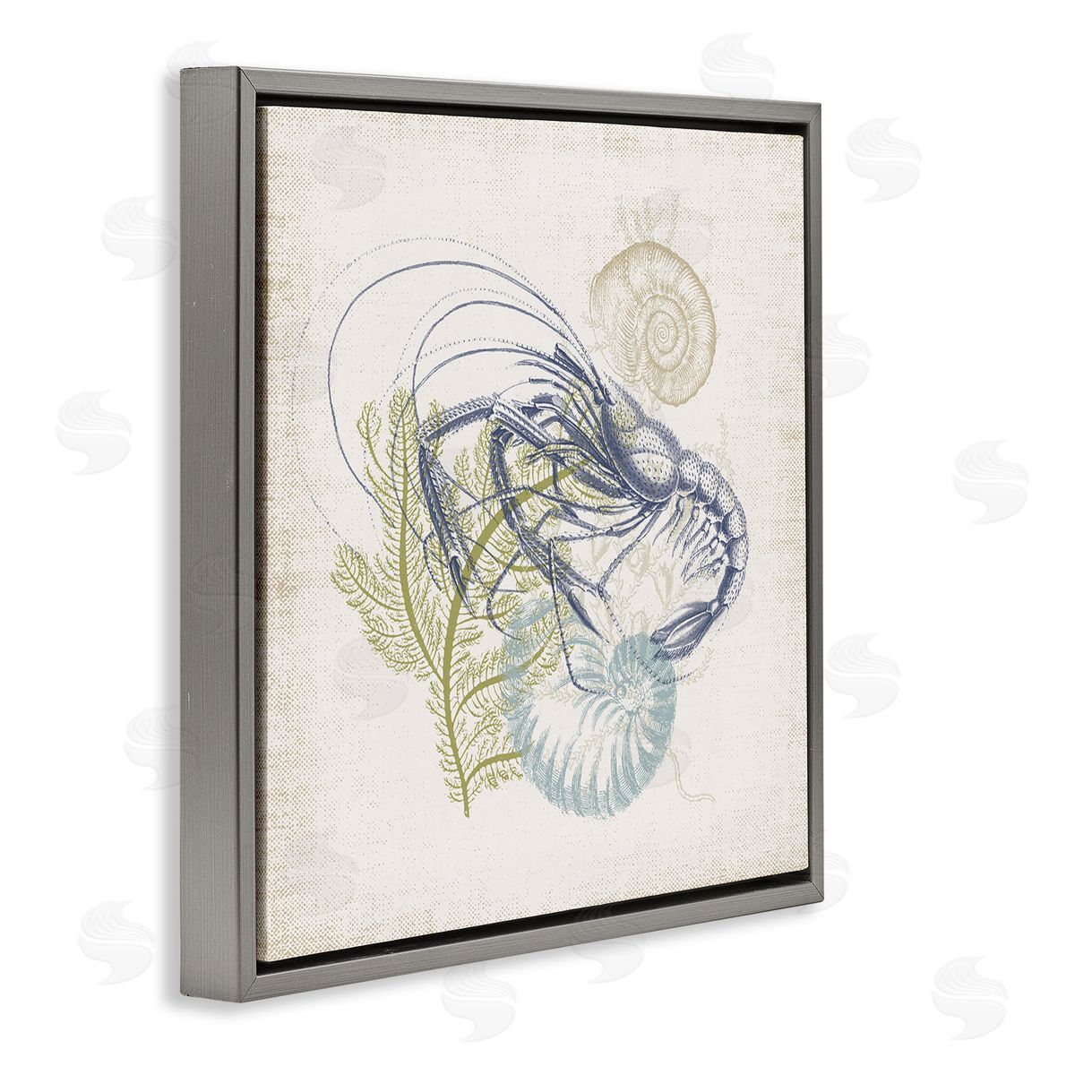 Victoria Barnes Nautical Layered Sea Life Crawdad Ocean Botanicals Gray Floating Frame Canvas Wall Art Print