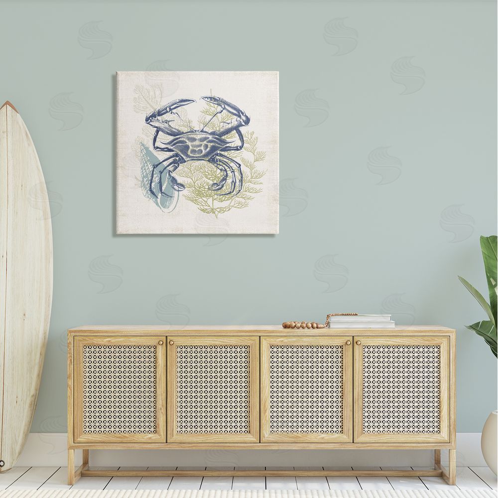 Victoria Barnes Ocean Crab Detailed Botanical Overlay Rustic Design Canvas Wall Art in Room