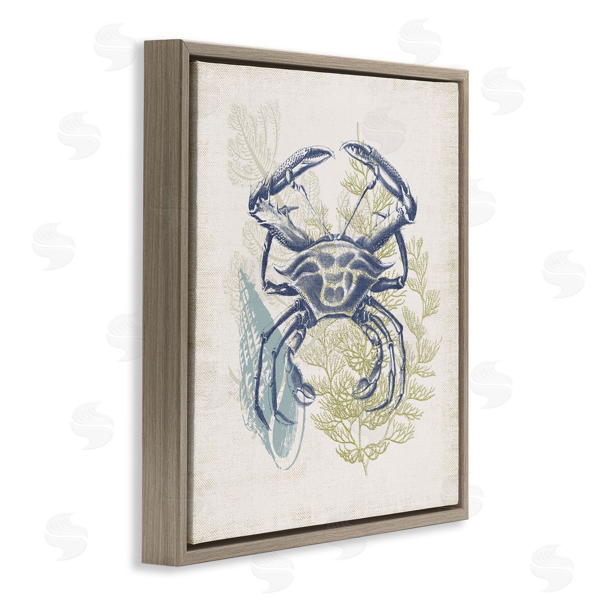 Victoria Barnes Ocean Crab Detailed Botanical Overlay Rustic Design Brown Floating Frame Canvas Wall Art Print