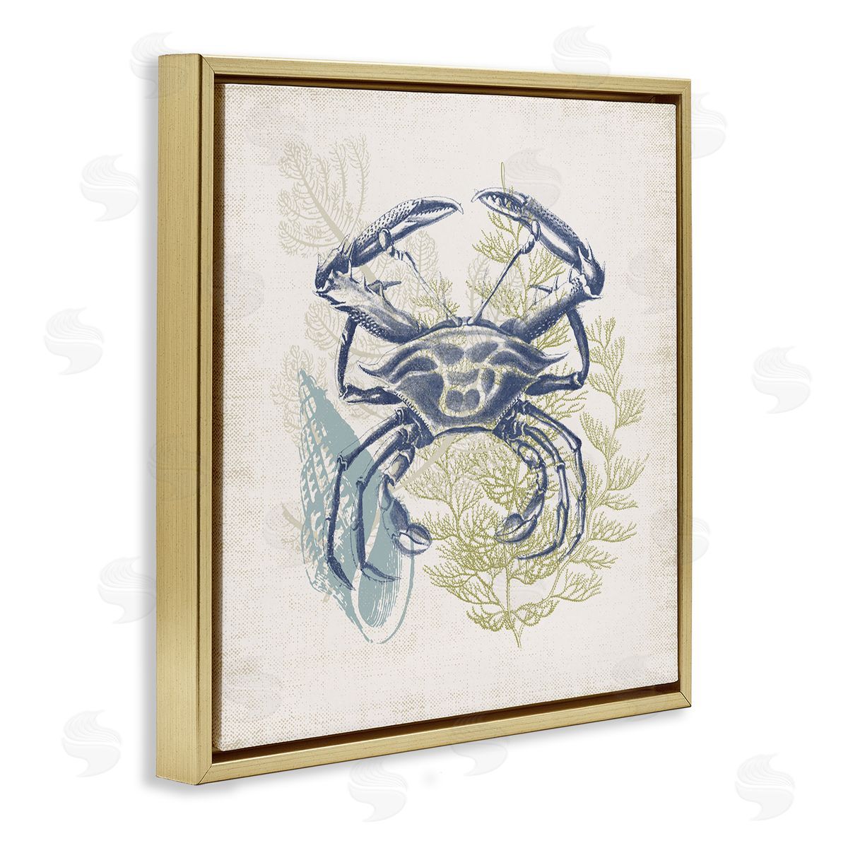 Victoria Barnes Ocean Crab Detailed Botanical Overlay Rustic Design Gold Floating Frame Canvas Wall Art Print