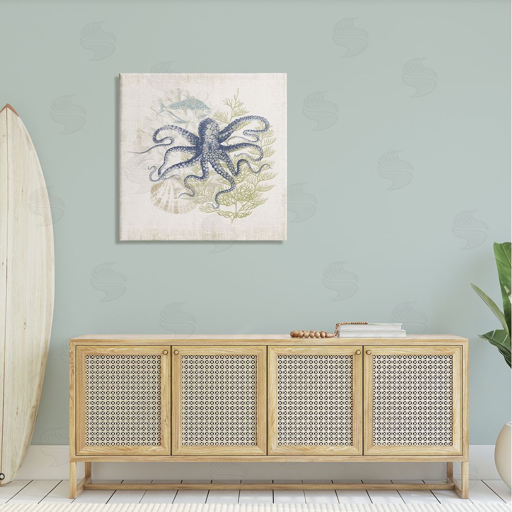 Victoria Barnes Weathered Sea Life Overlay Pattern Aquatic Octopus  Canvas Wall Art in Room